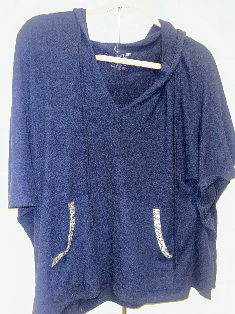 Juicy Couture Navy Short Sleeve Hoodie with Silver Sparkle Trim M